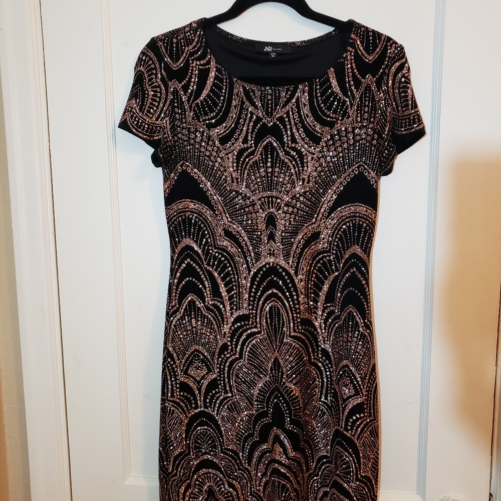 David's Bridal Black & Rose Gold Sparkle Bodycon Dress
